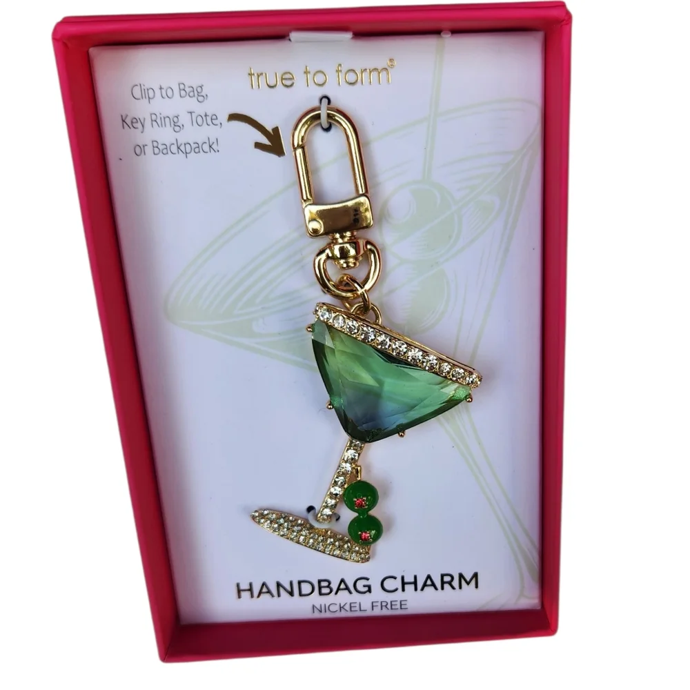 True To Form Rhinestone Glass Martini Keychain Bag Charm w/ Olives